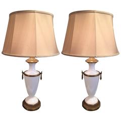 Pair of Stately Opaline and Brass Table Lamps