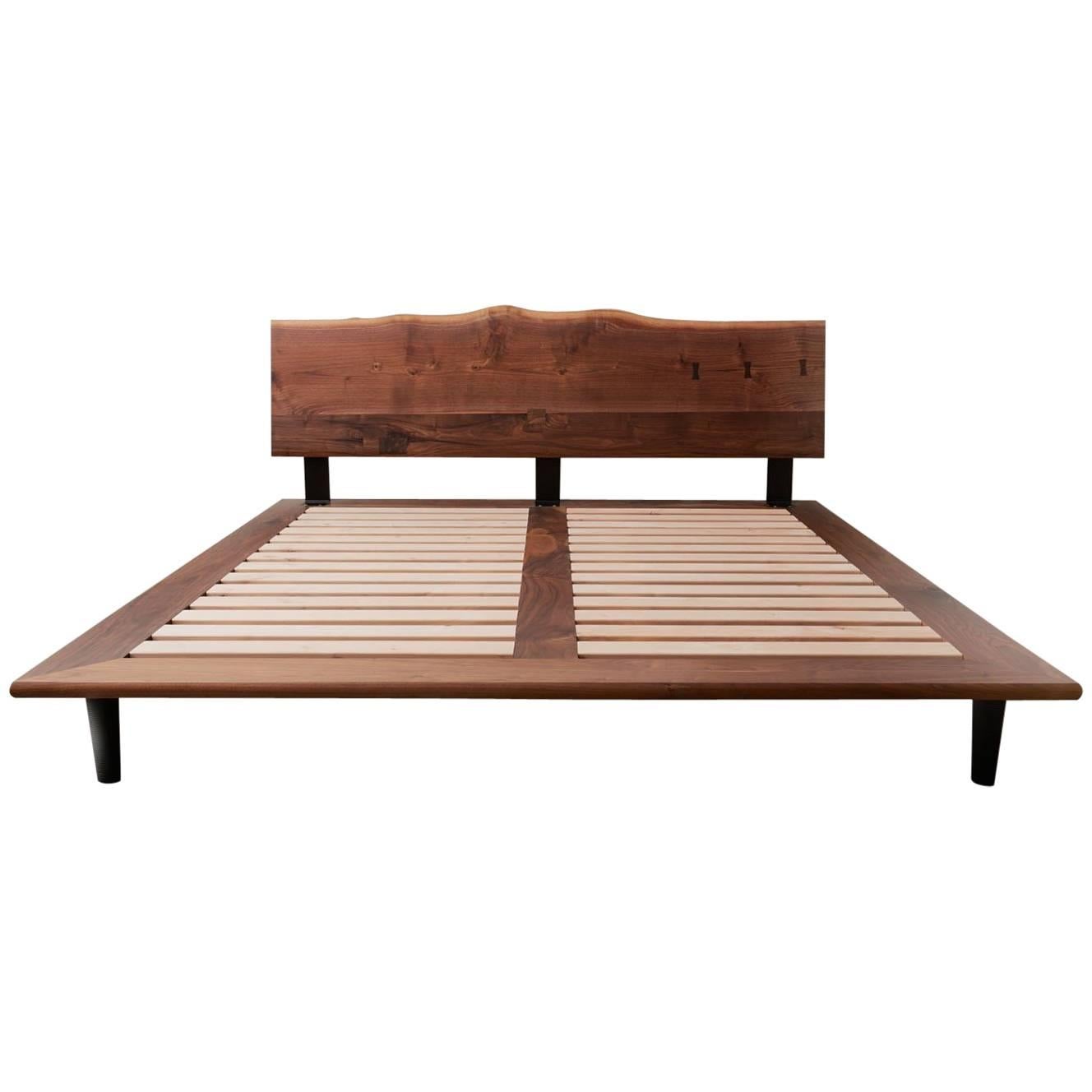 Handcrafted Walnut Slab Platform Bed, King-sized For Sale