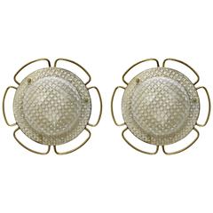 Pair of Large Glass and Brass Wall Ceiling Lights Flush Mounts, Germany, 1960s