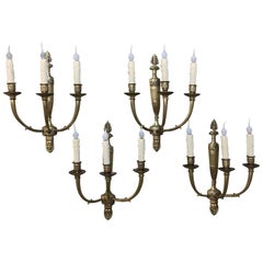 Set of Four Antique French Empire Cast Bronze Wall Sconces, each with Three Arms