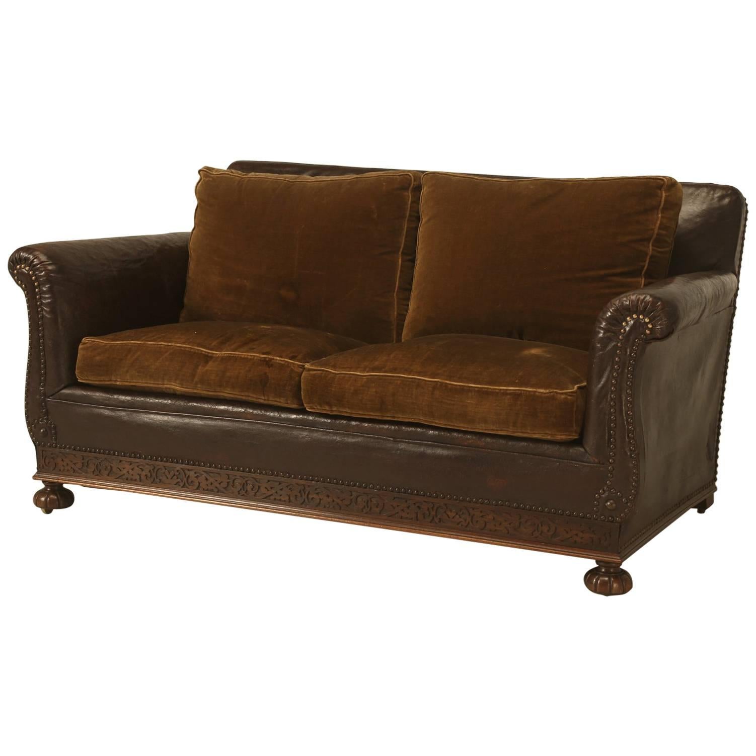 Antique French Leather and Velvet Settee from the 1930s