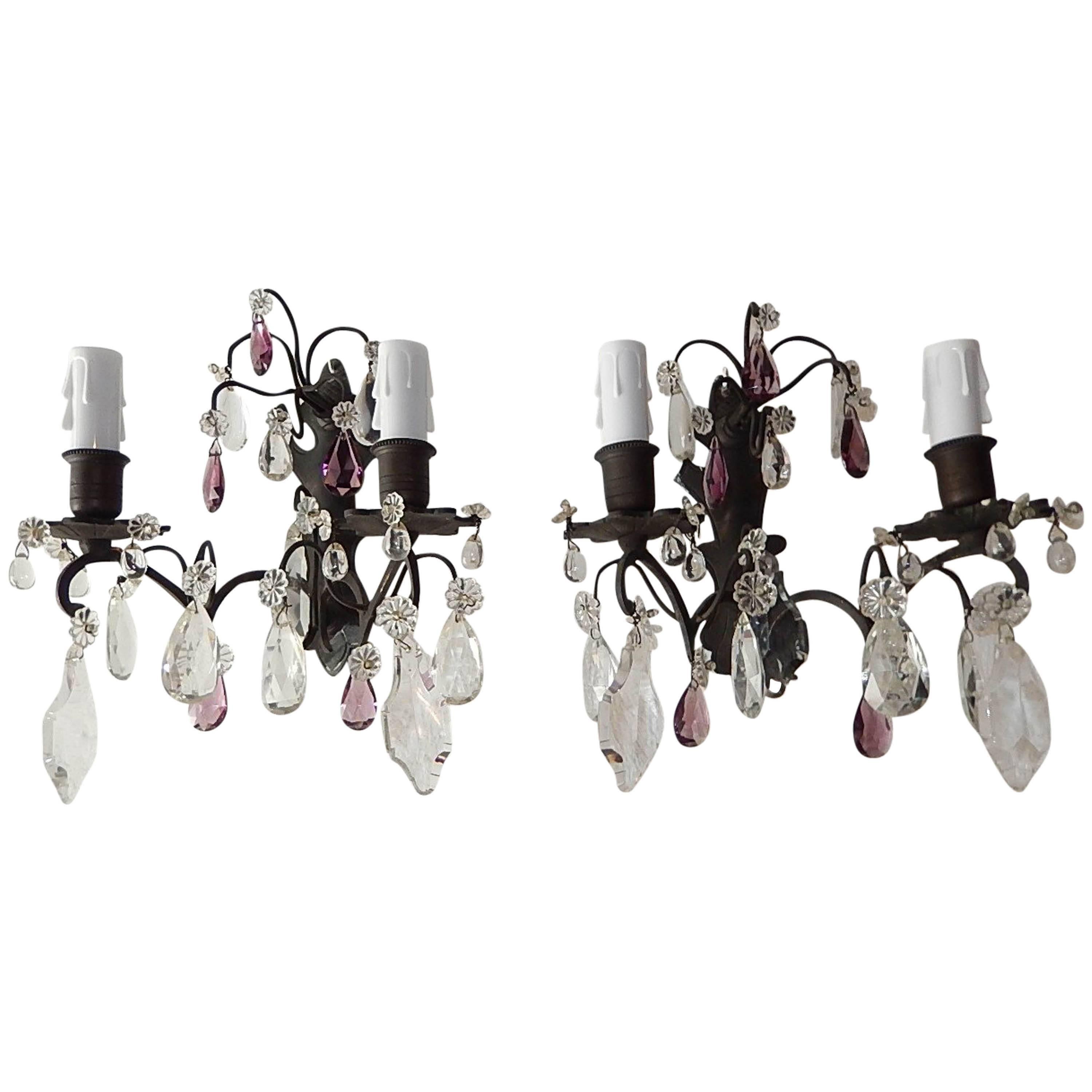 French Burnished Brass Amethyst and Clear Crystal Prisms Sconces For Sale