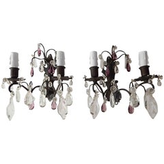 Antique French Burnished Brass Amethyst and Clear Crystal Prisms Sconces