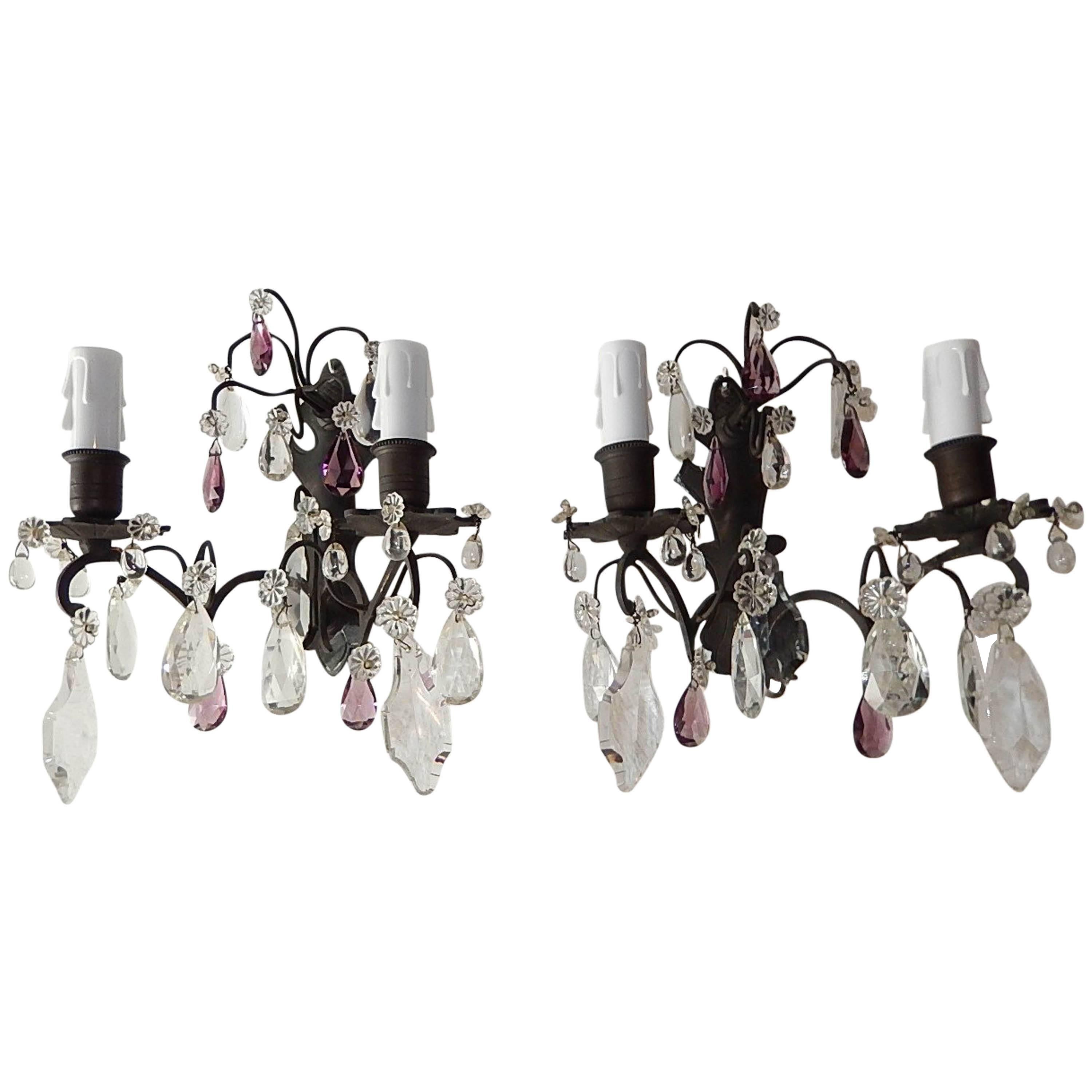 French Burnished Brass Amethyst and Clear Crystal Prisms Sconces c 1910