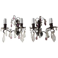 Antique French Burnished Brass Amethyst and Clear Crystal Prisms Sconces c 1910