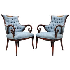 Used Pair Grosfeld House Mahogany Rosewood Brass Inlay Hollywood Regency Arm Chairs