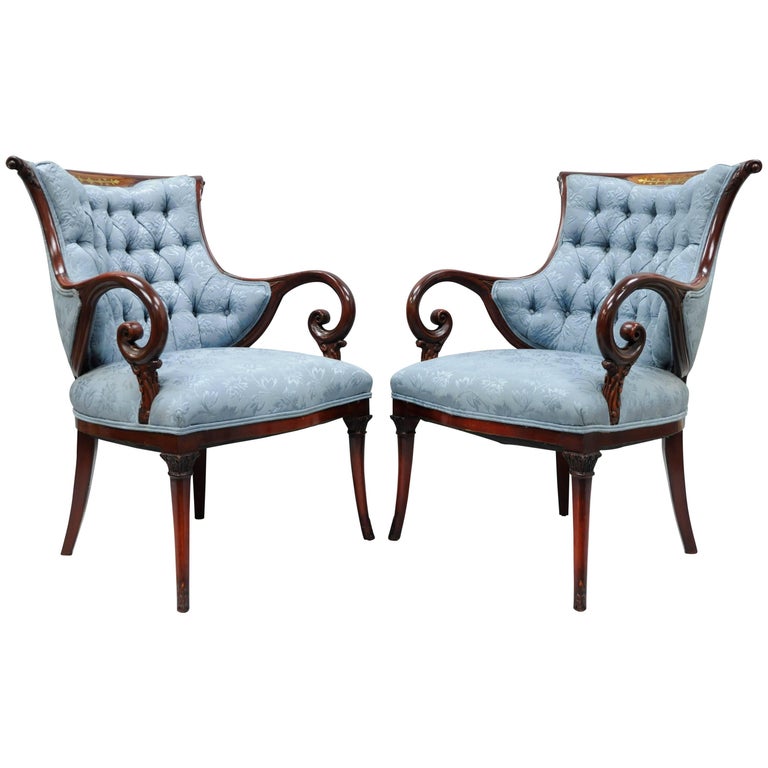 Pair Grosfeld House Mahogany Rosewood Brass Inlay Hollywood Regency Arm Chairs For Sale