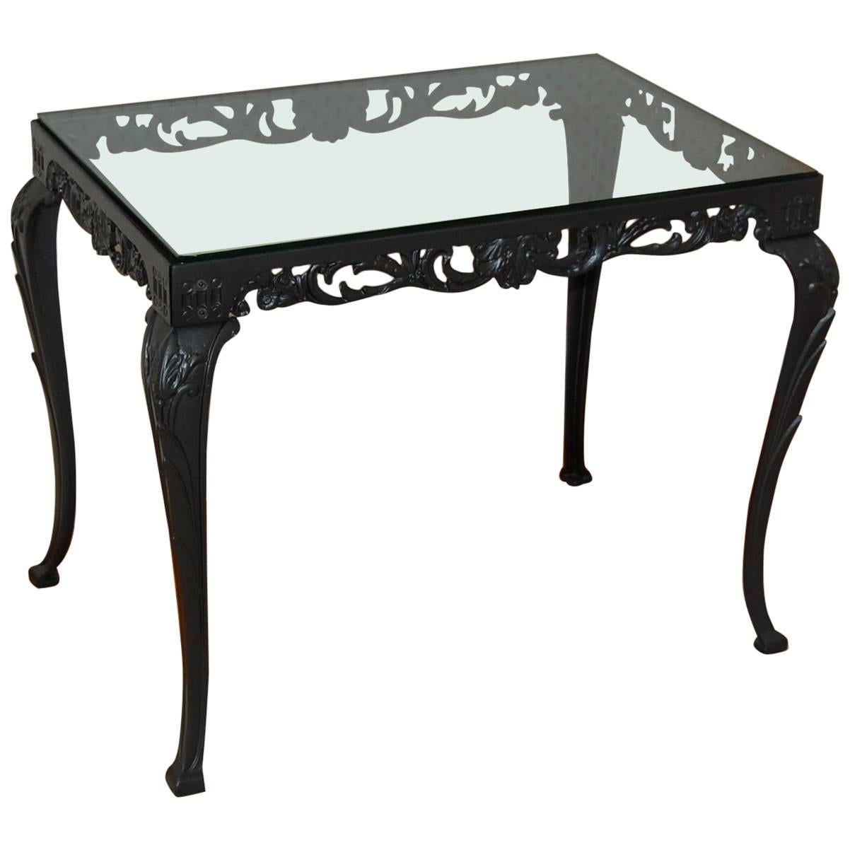Fancy Cast Iron Rectangular Table Base with Glass Top, circa 1930s For Sale