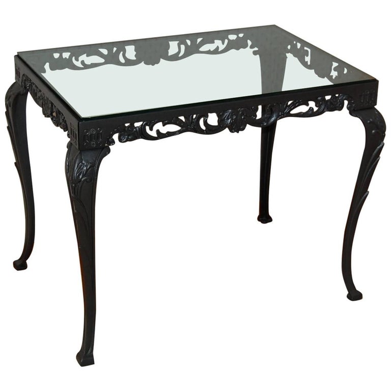 Fancy Cast Iron Rectangular Table Base with Glass Top, circa 1930s For Sale  at 1stDibs