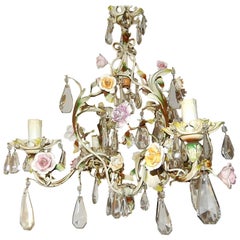 French Porcelain Flowers Tole and Crystal Prisms Chandelier