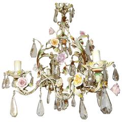 French Porcelain Flowers Tole and Crystal Prisms Chandelier 7