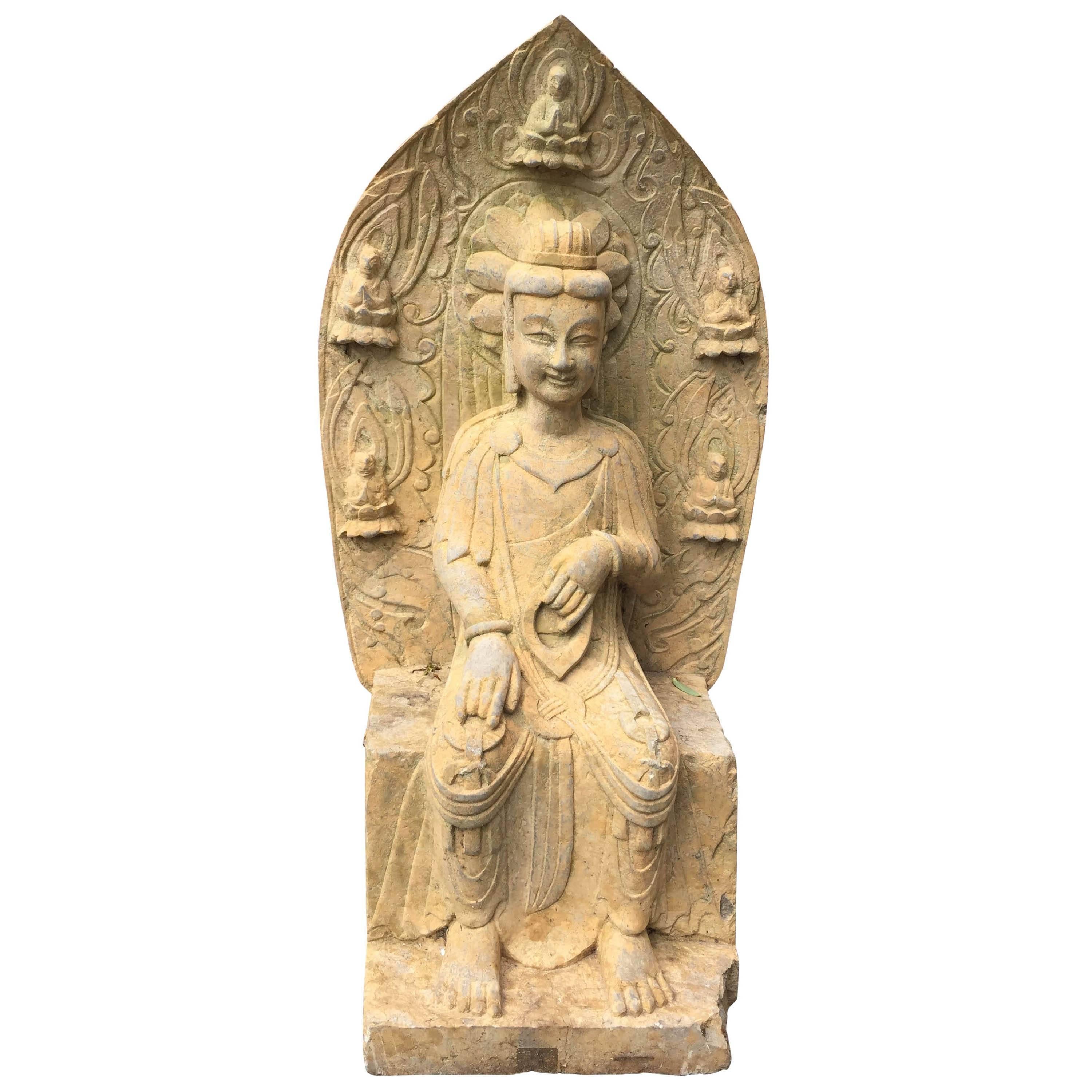 Old Garden Stone Guan Yin Buddha with Lovely Face