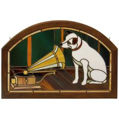 Stained Glass Panel Featuring the RCA Dog, Nipper in Wooden Frame