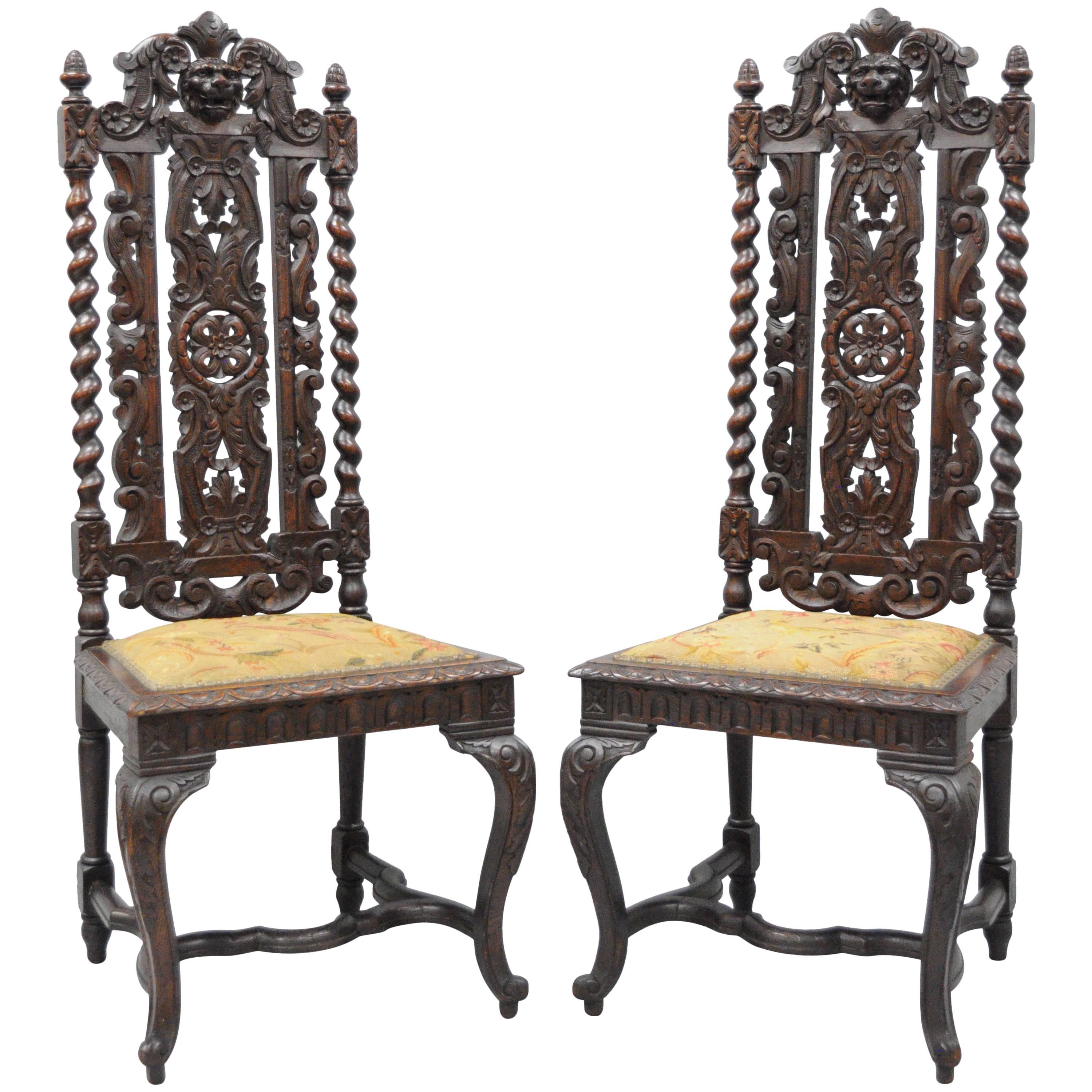 Pair of Renaissance Revival Figural Lion, Barley Twist Tall Throne Chairs