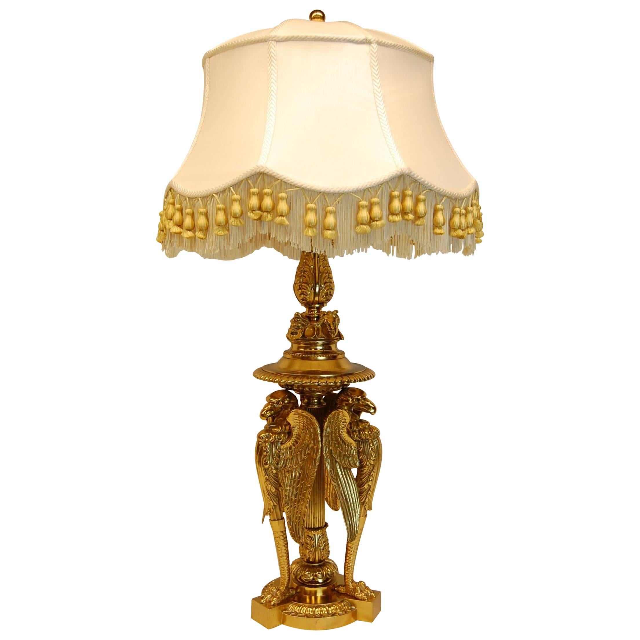 Large Gilt Brass Table Lamp Featuring Three Large Eagles