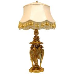 Large Gilt Brass Table Lamp Featuring Three Large Eagles