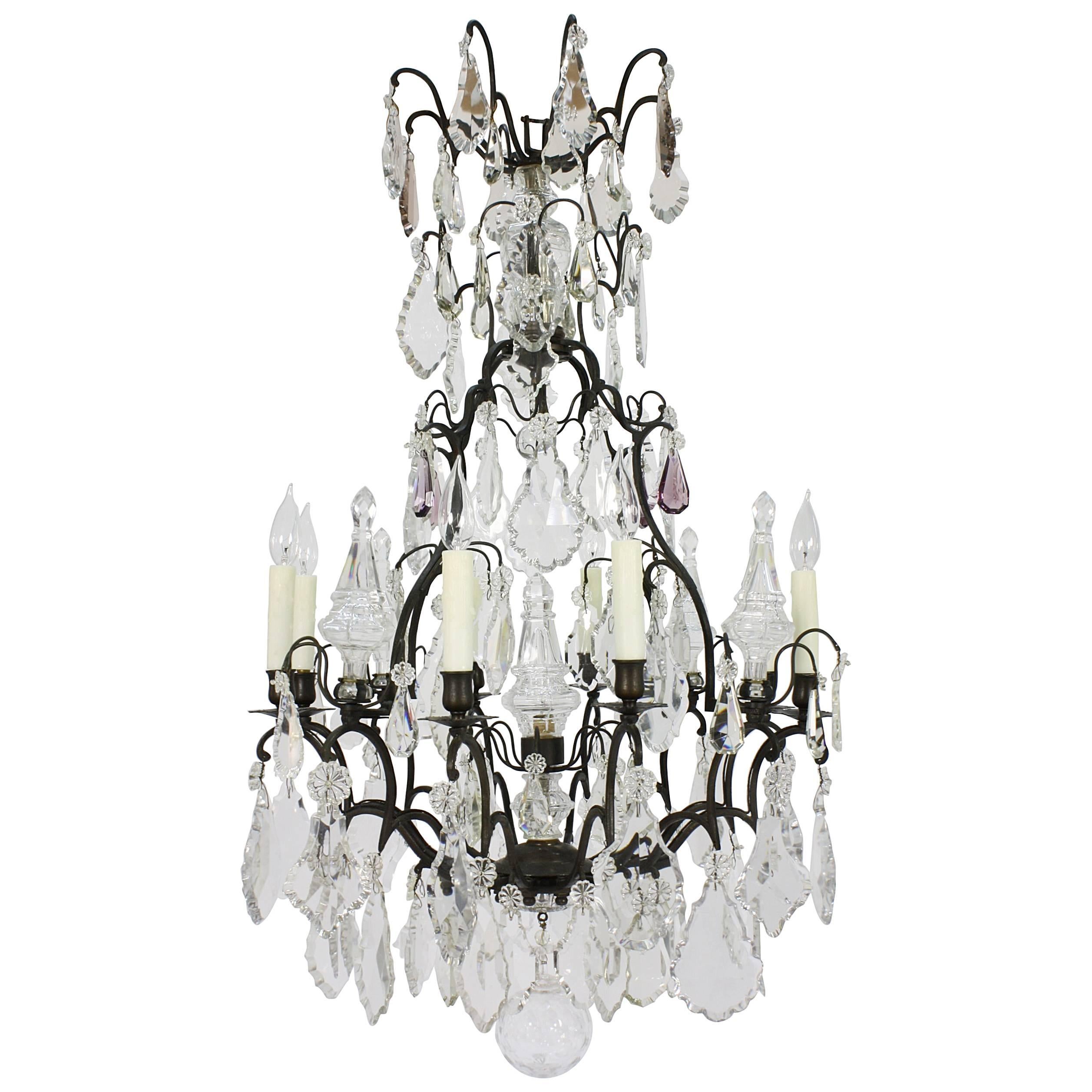 Large French Patinated Bronze and Crystal Chandelier