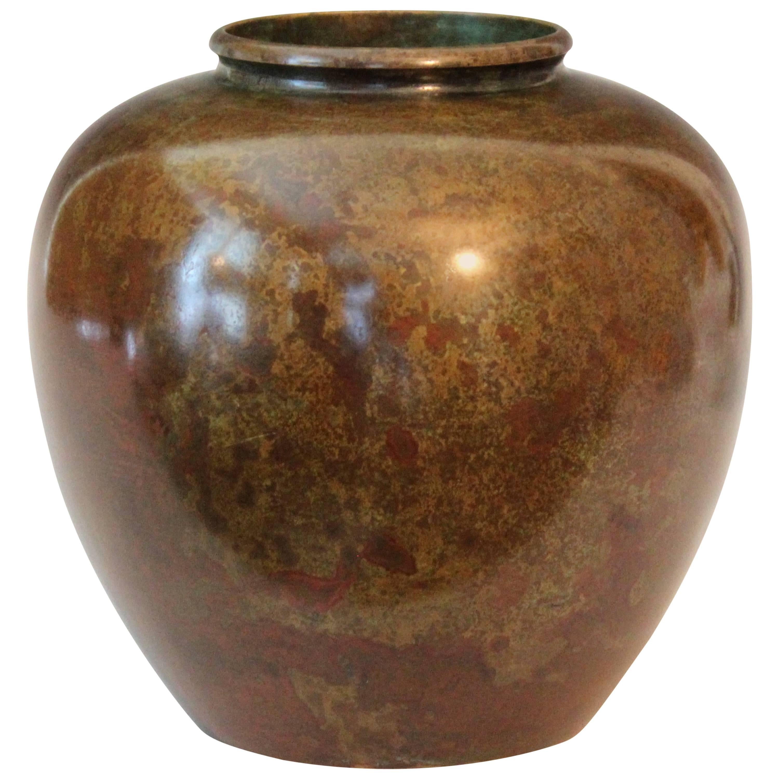 Vintage Big Japanese Rotund Warm Red Patinated Bronze Murashi Do Vase