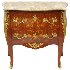 20th C French Louis XV Inlaid Marble Top Bombe Commode Bronze Ormolu