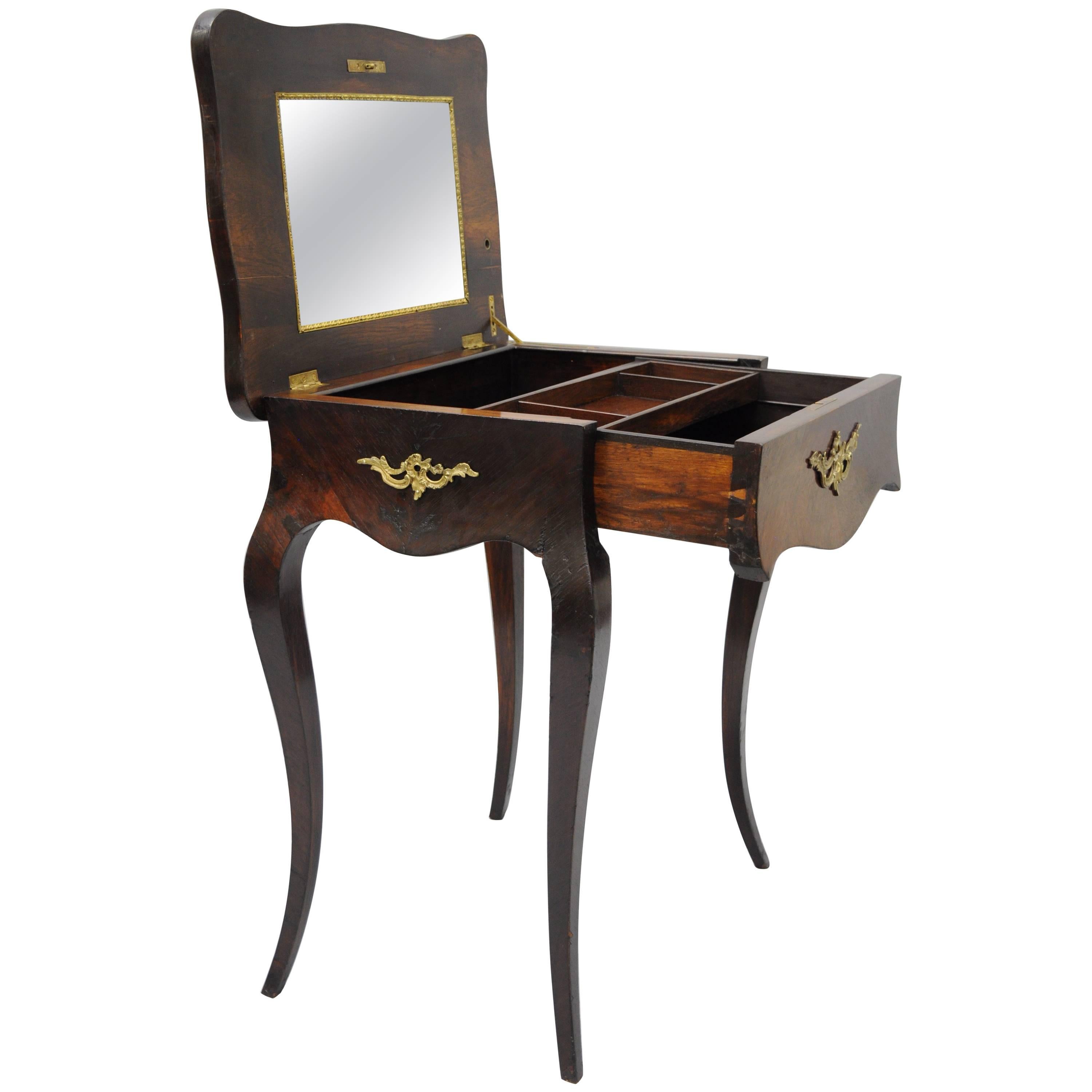 French Louis XV Napoleon III Rosewood Brass Inlay Vanity Work Table Sewing Stand For Sale