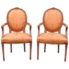 Retro Pair of French Louis XVI Style Pink Distress Painted Oval Back Dining Arm Chairs
