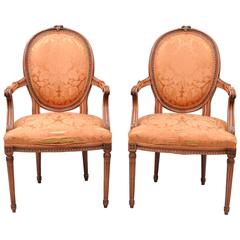 Pair of French Louis XVI Style Dining Armchairs Pink Distress Painted Oval Back