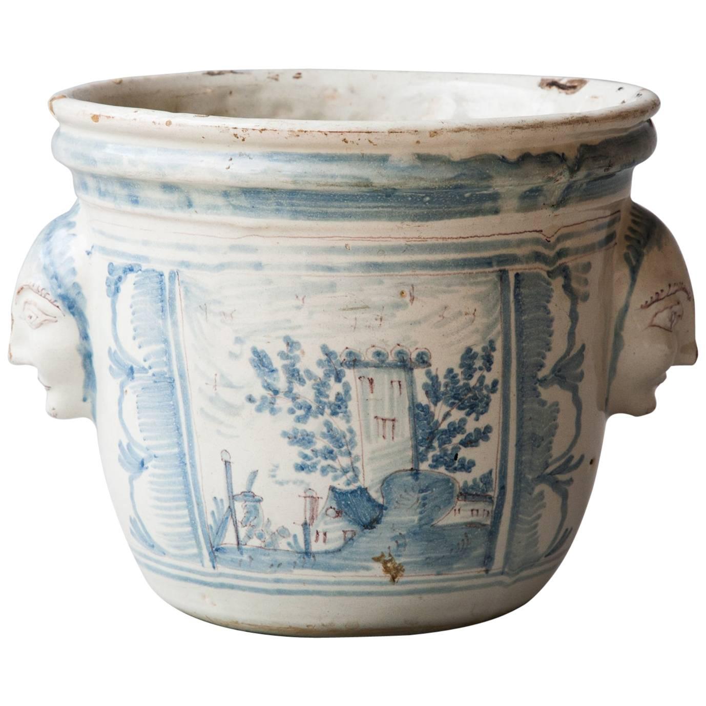 18th Century Blue and White Faïence Cache Pot from Nevers, France