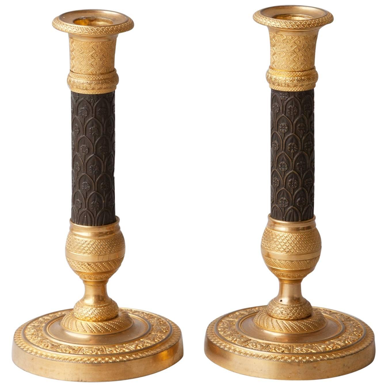 Pair of Fine Quality Early 19th Century Gilt and Patinated Bronze Candlesticks For Sale