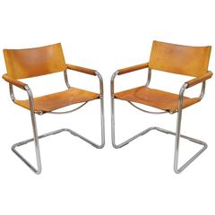 Pair of Cognac Leather Mart Stam for Fasem S34 Dining Armchairs Tubular Chrome