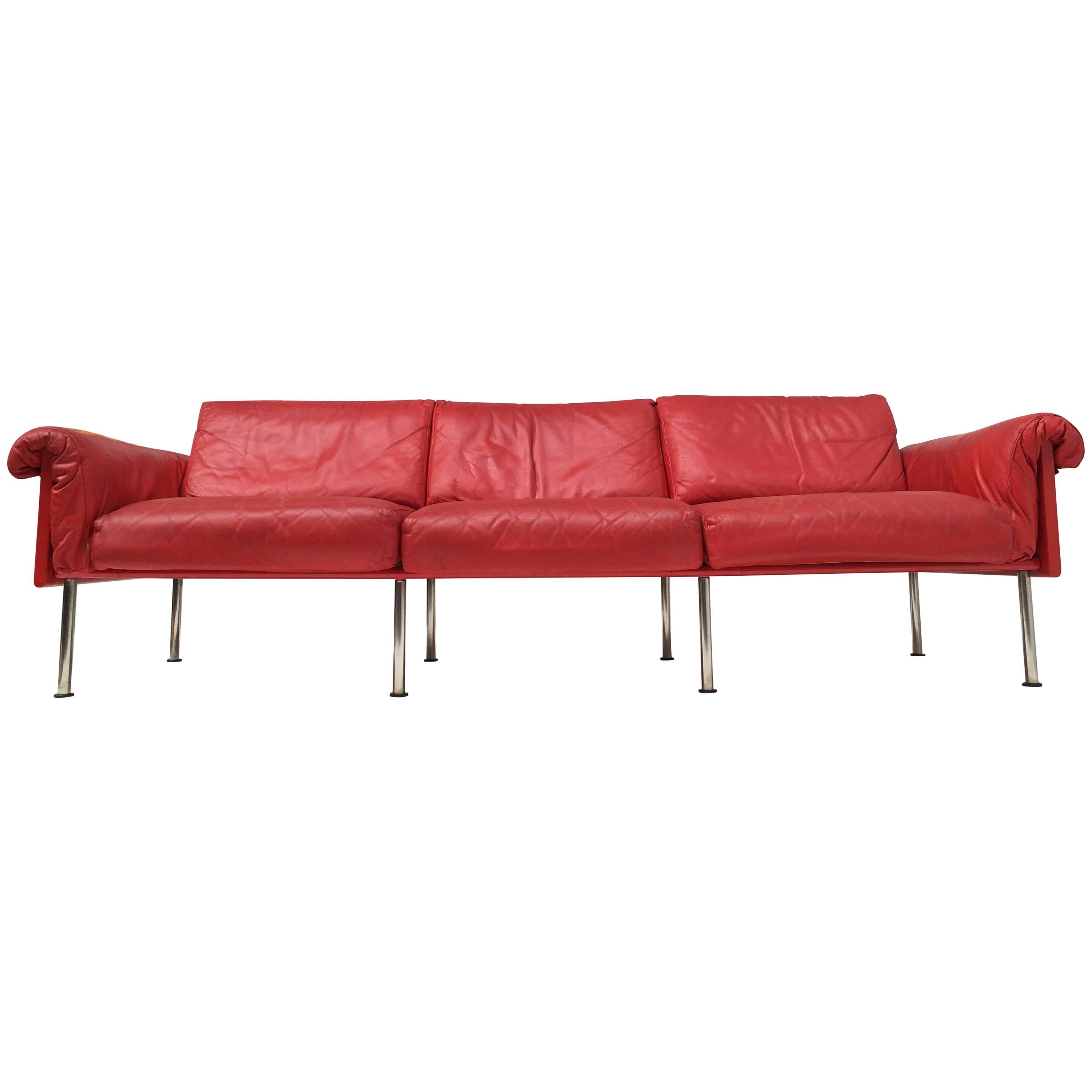 Eclectic Red Leather 'Ateljee' Sofa by Yrjo Kukkapuro for Haimi Finland, 1963 For Sale