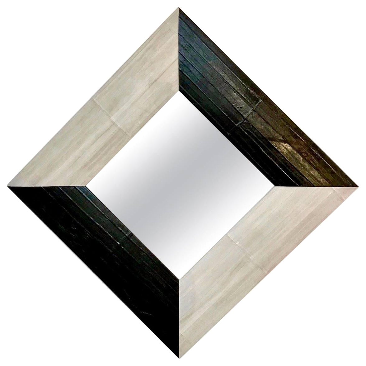 Contemporary Italian Square / Diamond Mirror in Black and Grey White Leather For Sale