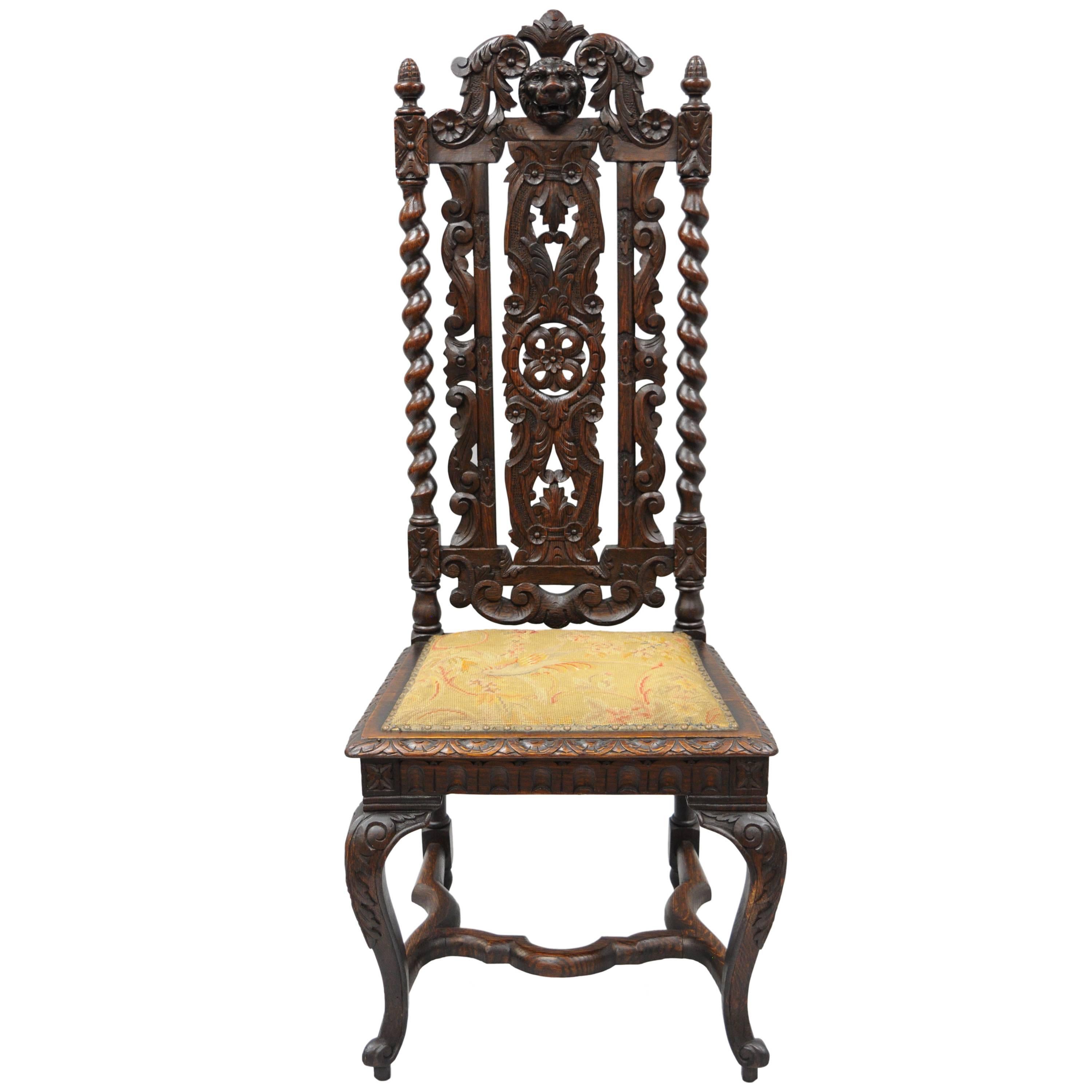 Renaissance Revival Figural Lion Carved Oak Barley Twist Tall Throne Hall Chair