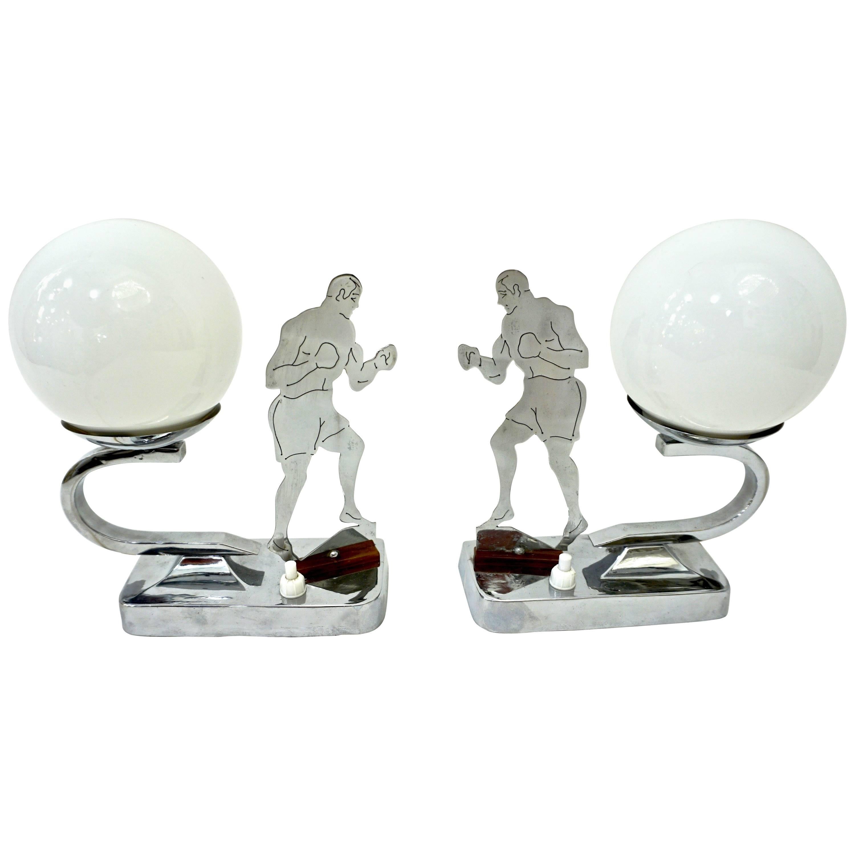 Art Deco English Nickel Pair of Boxer Table / Desk Lamps with White Glass Globes