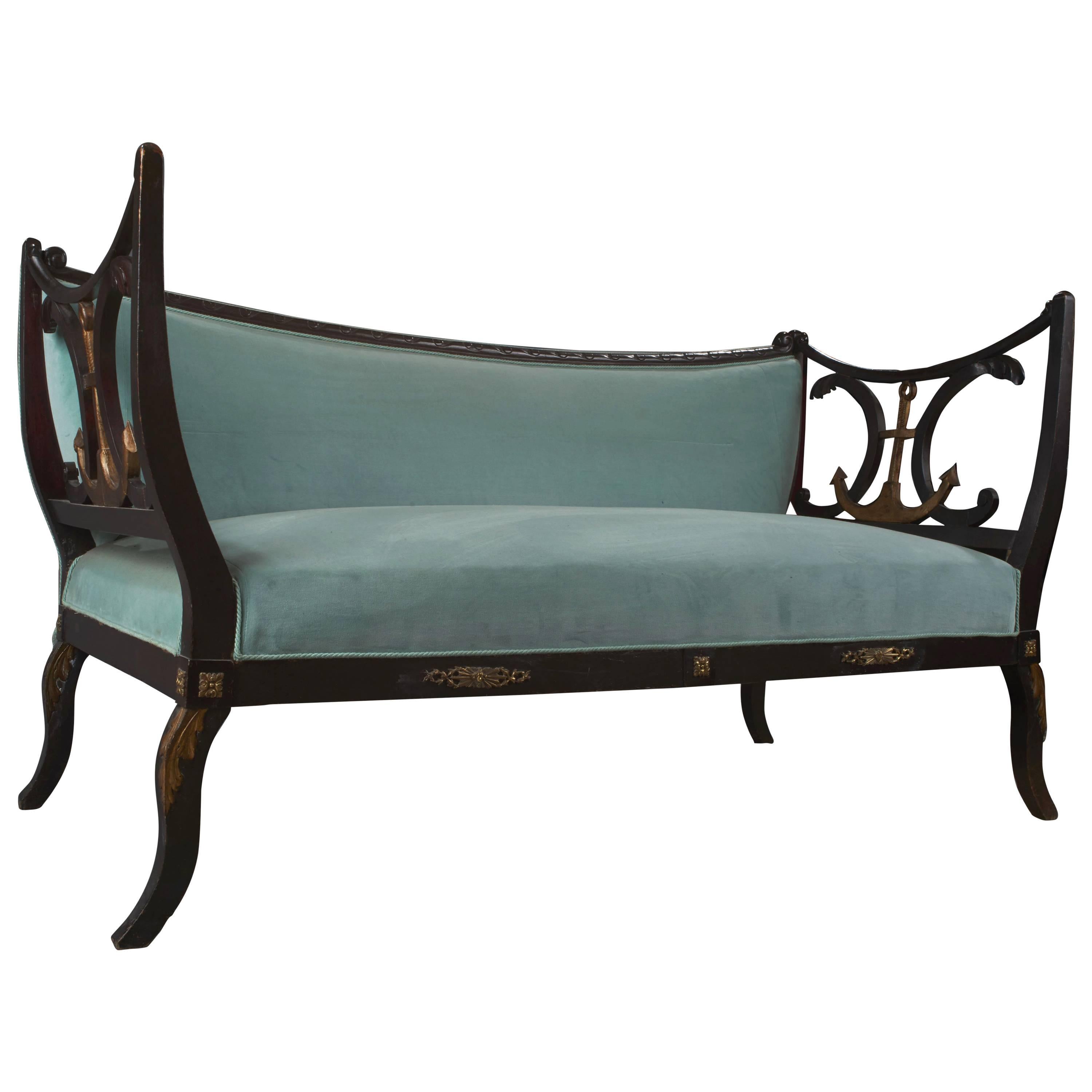 Carved Mahogany and Turquoise Velvet Sofa with Marine Anchors, Germany, XIXth For Sale
