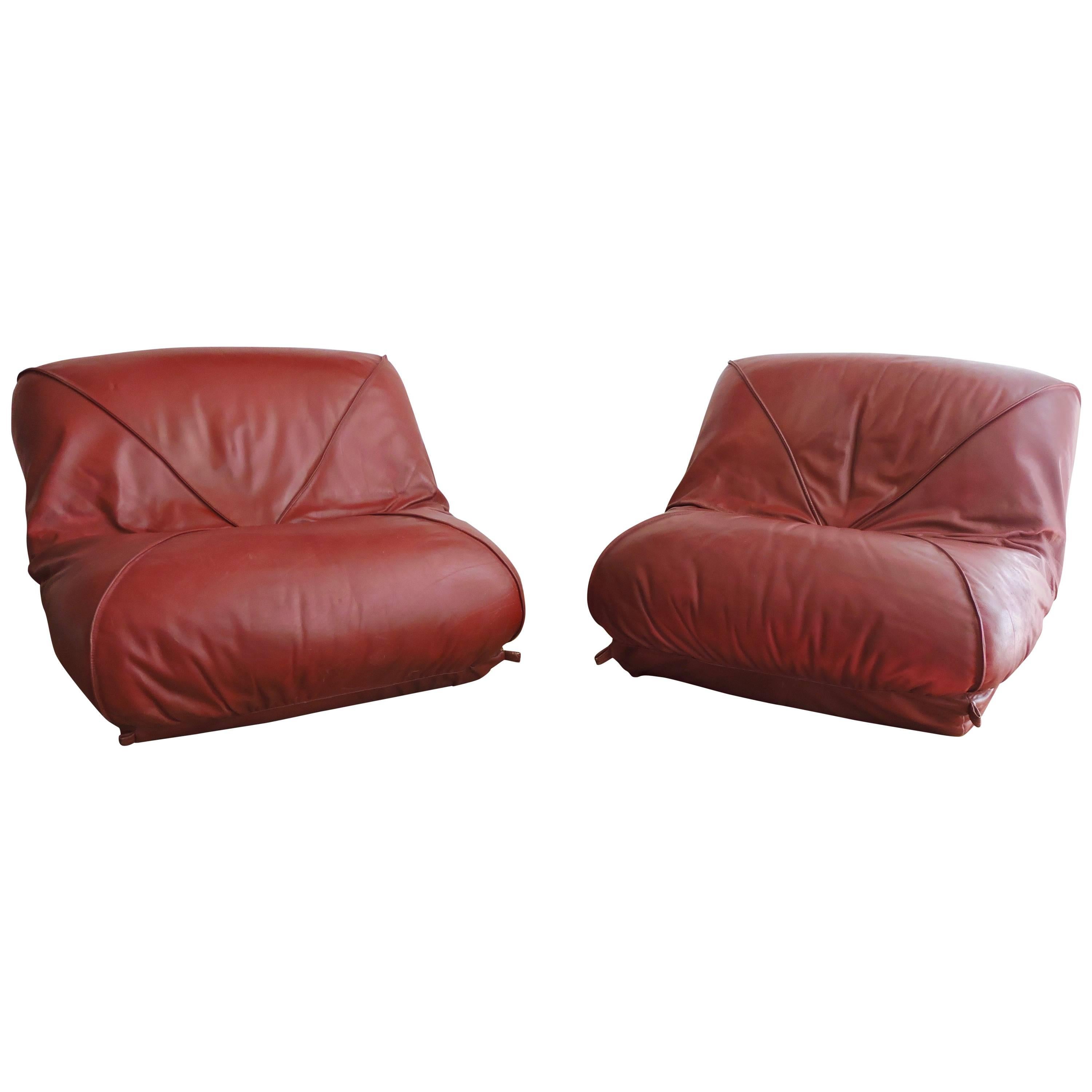 Pair of 1970s Red Leather Low Soft Chairs by Airborne