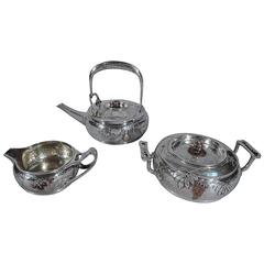 Rare Tiffany Japonesque Hand-Hammered Sterling Silver and Mixed Metal Tea Set