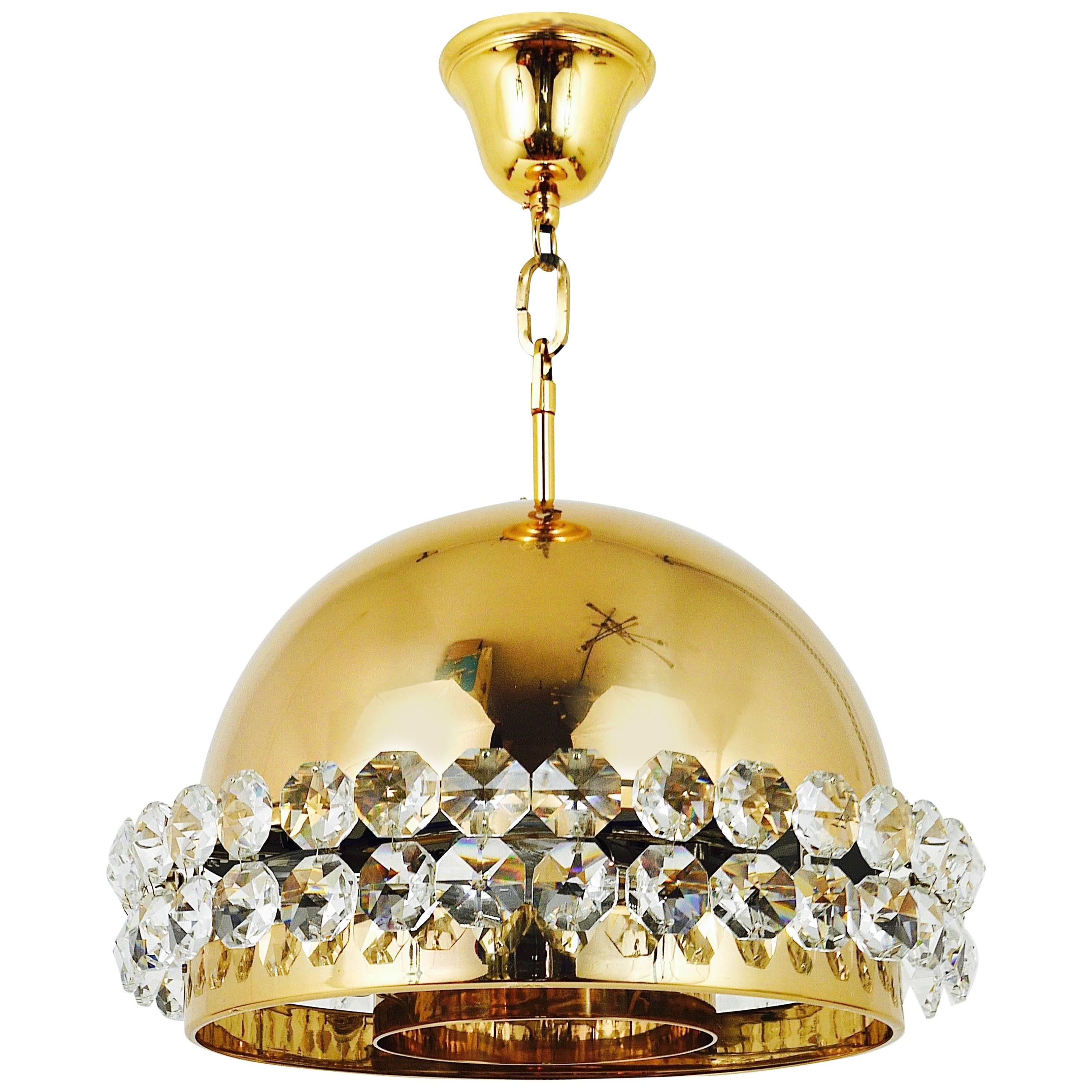 Gold-Plated Bakalowits Brass Globe Chandelier, Diamond Crystals, Austria, 1970s