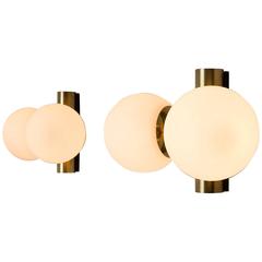 Set of Two Opaline Brass Wall Lights