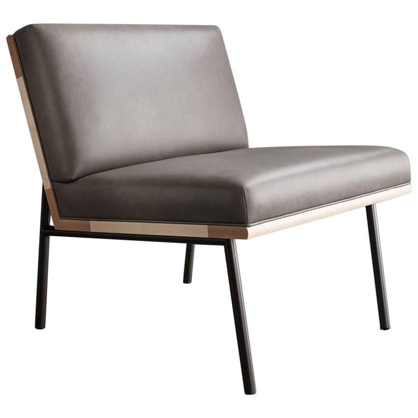 DGD Lounge Chair, Grey Leather, Black Nickel Plated Steel, Maple Hardwood