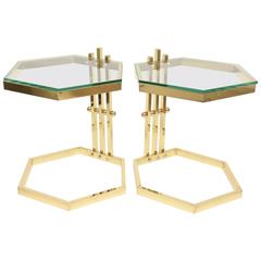 Pair of Polished Brass and Glass Modernist Sculptural Octagon Side/ Drink Tables 6