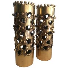 Pair of Exceptional Brass Brutalist Candle Sticks in the Manner of Curtis Jere 3