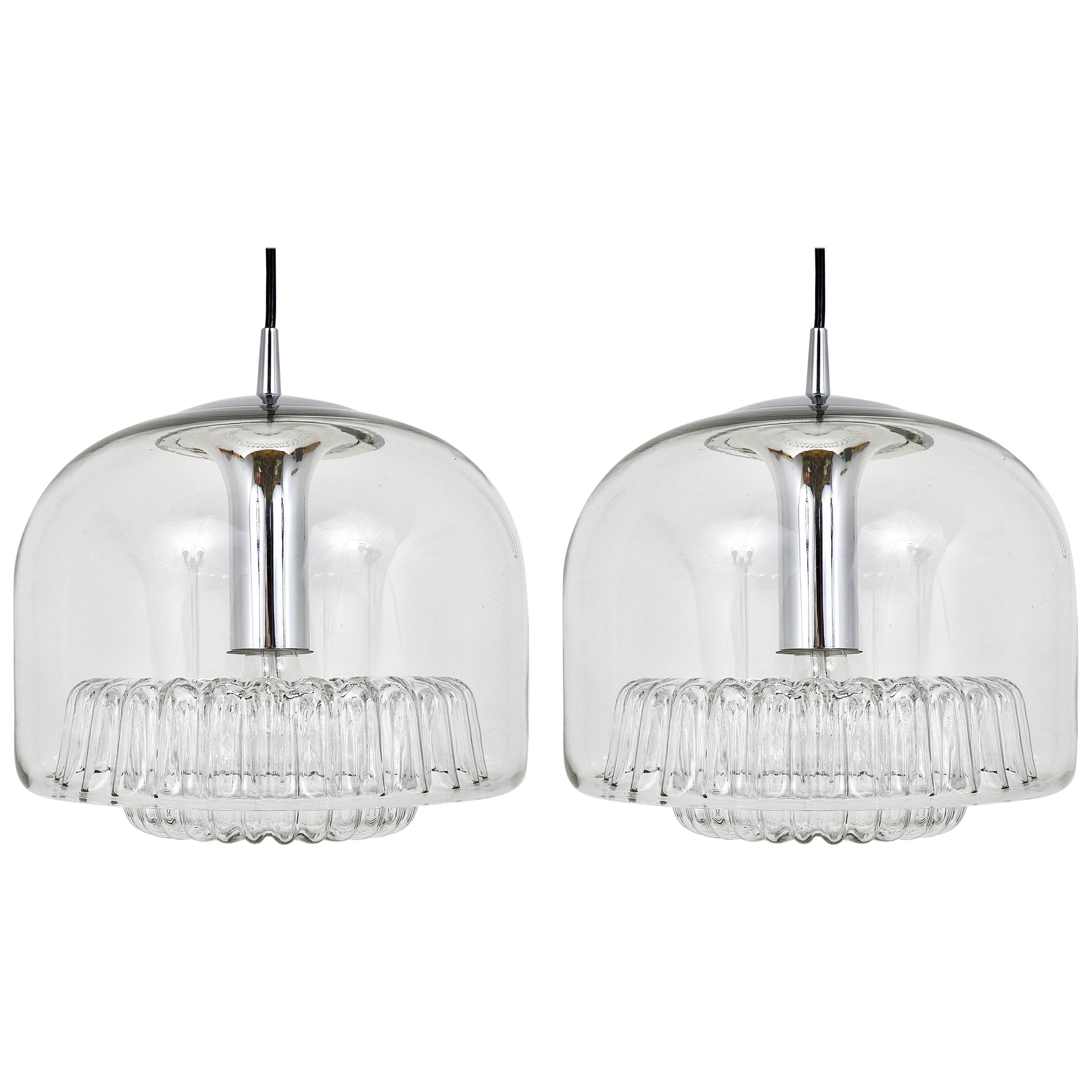 Two Mid-Century Peill & Putzler Chromed Pendant Glass Globe Lamps, Germany, 1970 For Sale