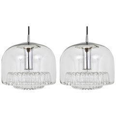 Two Mid-Century Peill & Putzler Chromed Pendant Glass Globe Lamps, Germany, 1970