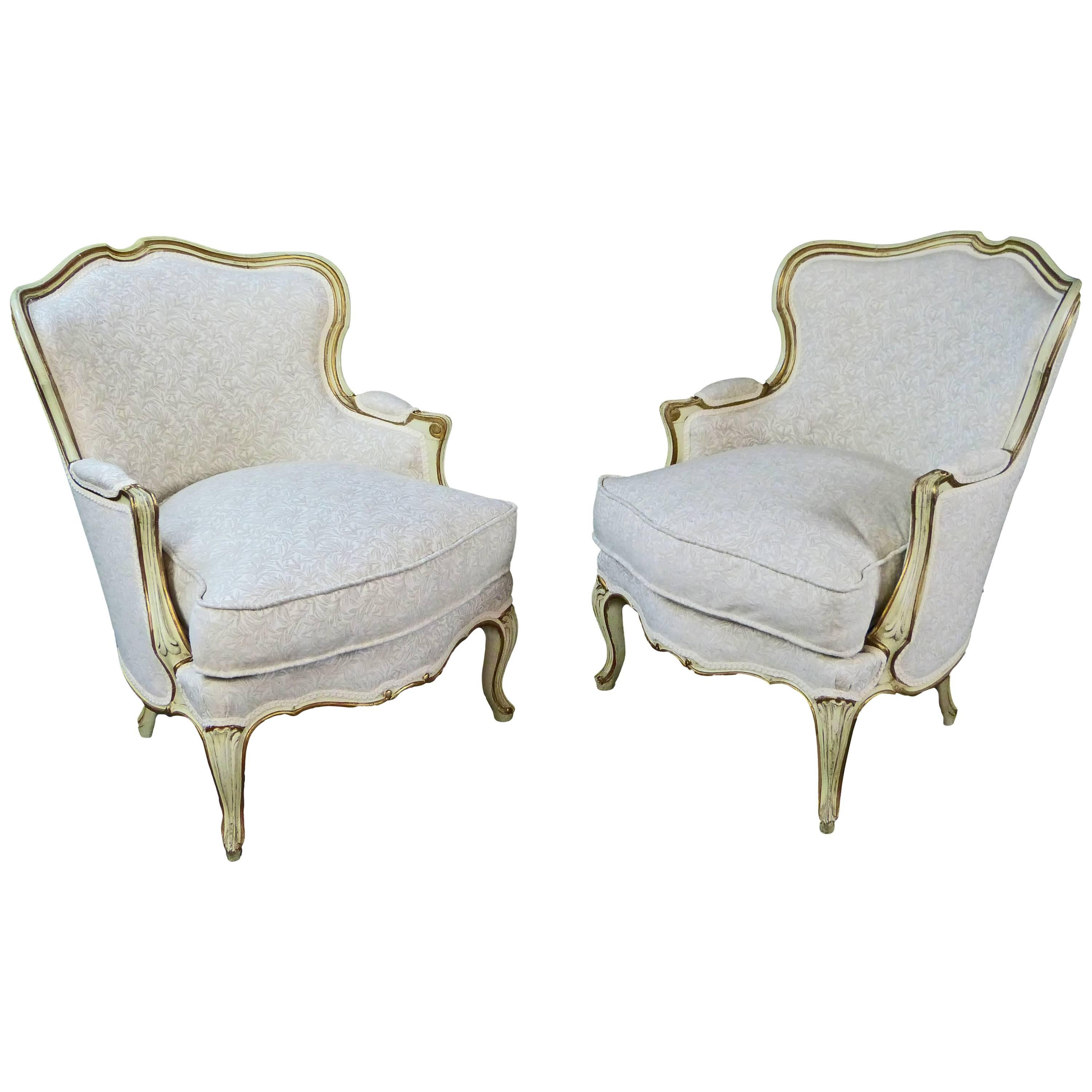Armchair Pair French Louis XV Style Bergéres Painted and Parcel Gilt