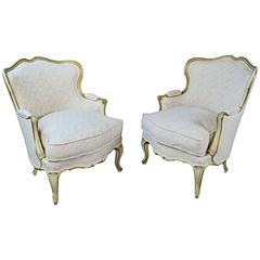 Armchair Pair French Louis XV Style Bergéres Painted and Parcel Gilt