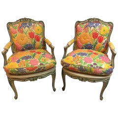 Pair of Louis XV Style Polychrome Decorated Fauteuils, Maison Jansen Attributed