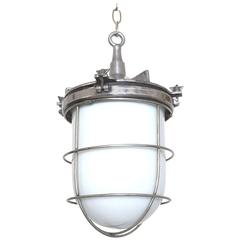 Caged Polished Steel Pendant Light with Milk Glass Shade, France, circa 1900