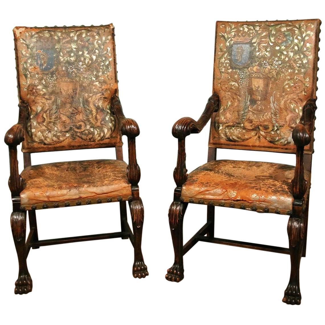 Pair of 18th Century Walnut Italian Throne Chairs, circa 1770