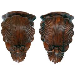Vintage Pair of Carved Pine Seashell Wall Brackets