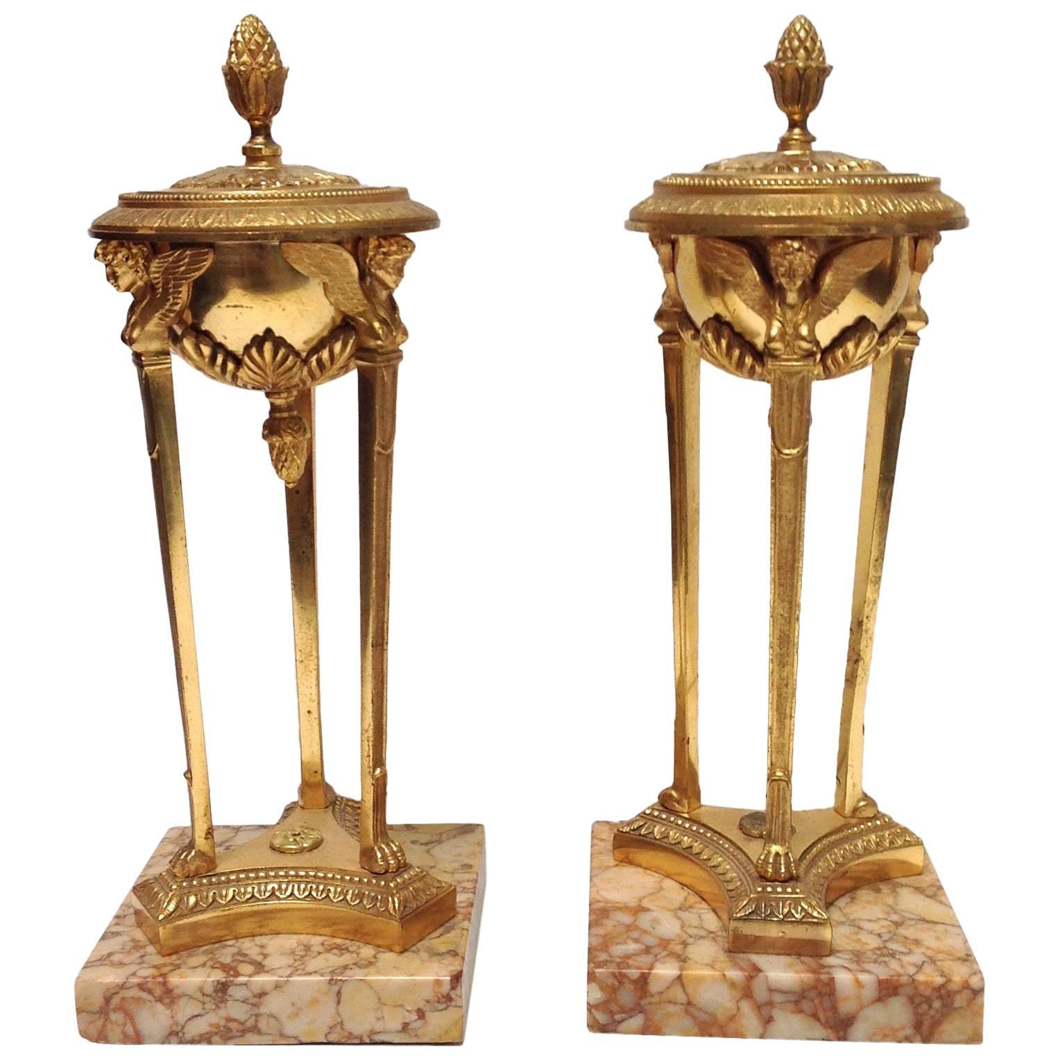 Empire Period Gilt Bronze Sienna Marble Atheniennes or Candlesticks For Sale
